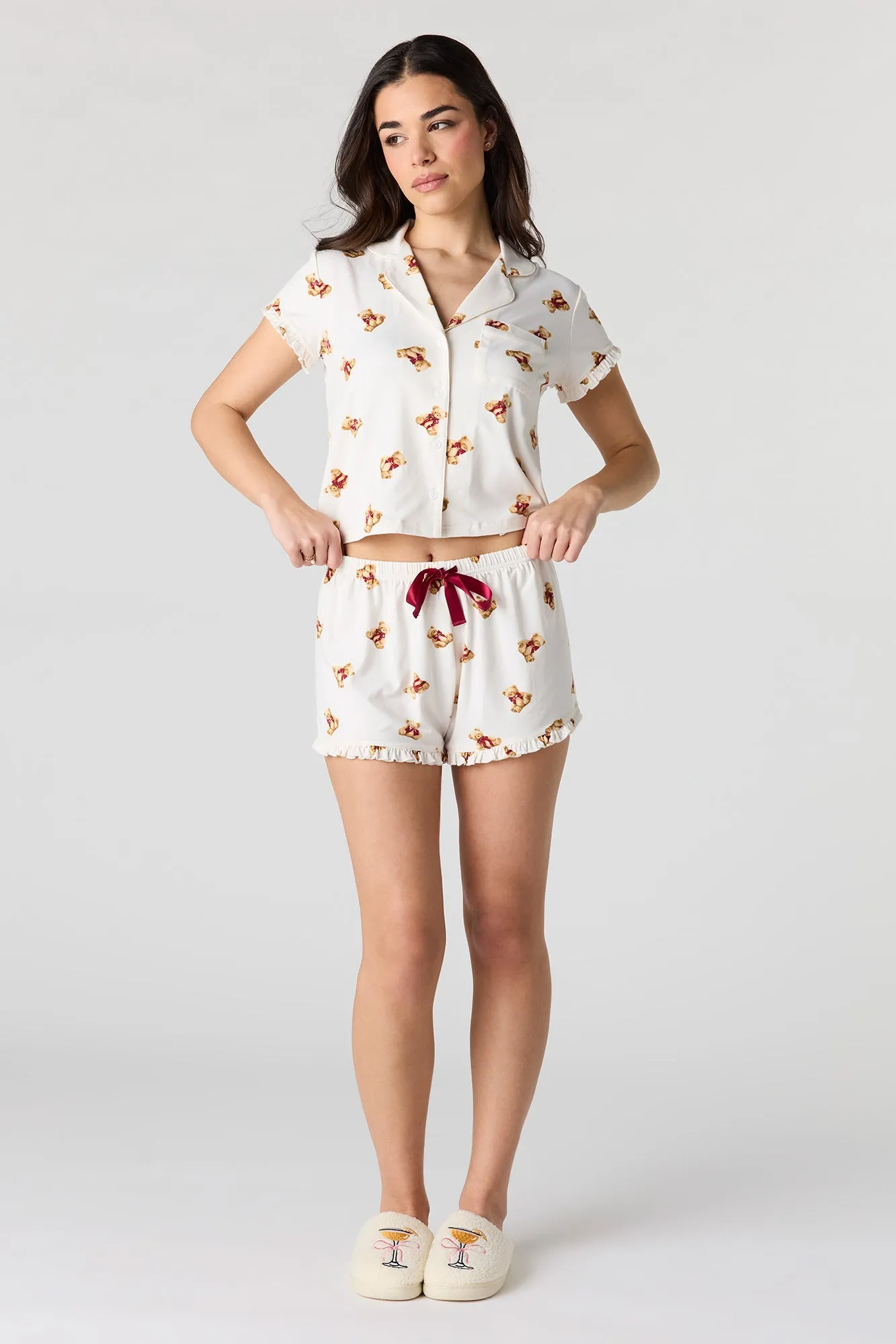 Printed Button-Up Collared Top & Short Pajama Set sold by Urban Planet product image thumbnail 3