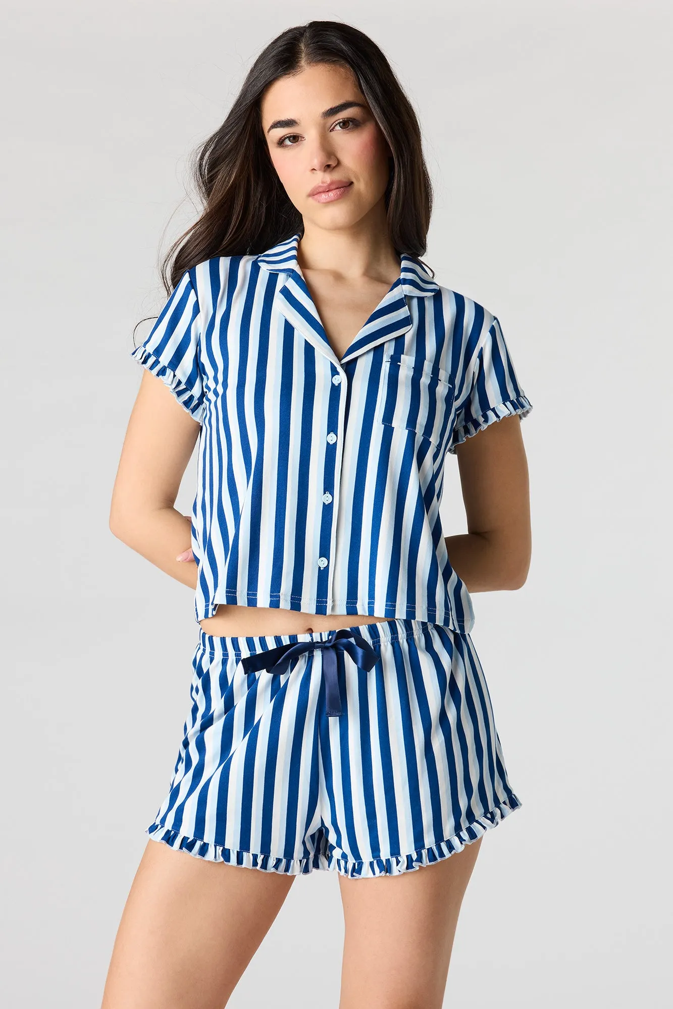 Printed Button-Up Collared Top & Short Pajama Set sold by Urban Planet product image thumbnail 4