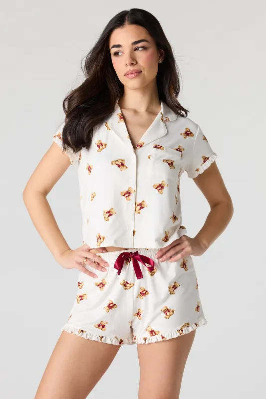 Printed Button-Up Collared Top & Short Pajama Set made by Urban Planet