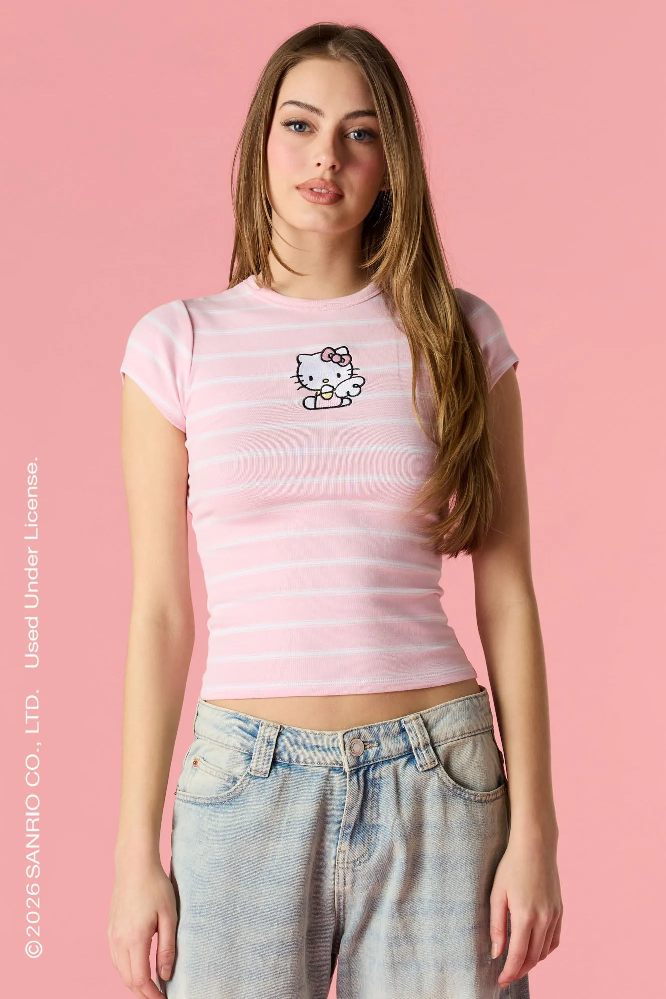 Hello Kitty® Embroidered Ribbed Classic T-Shirt sold by Urban Planet
