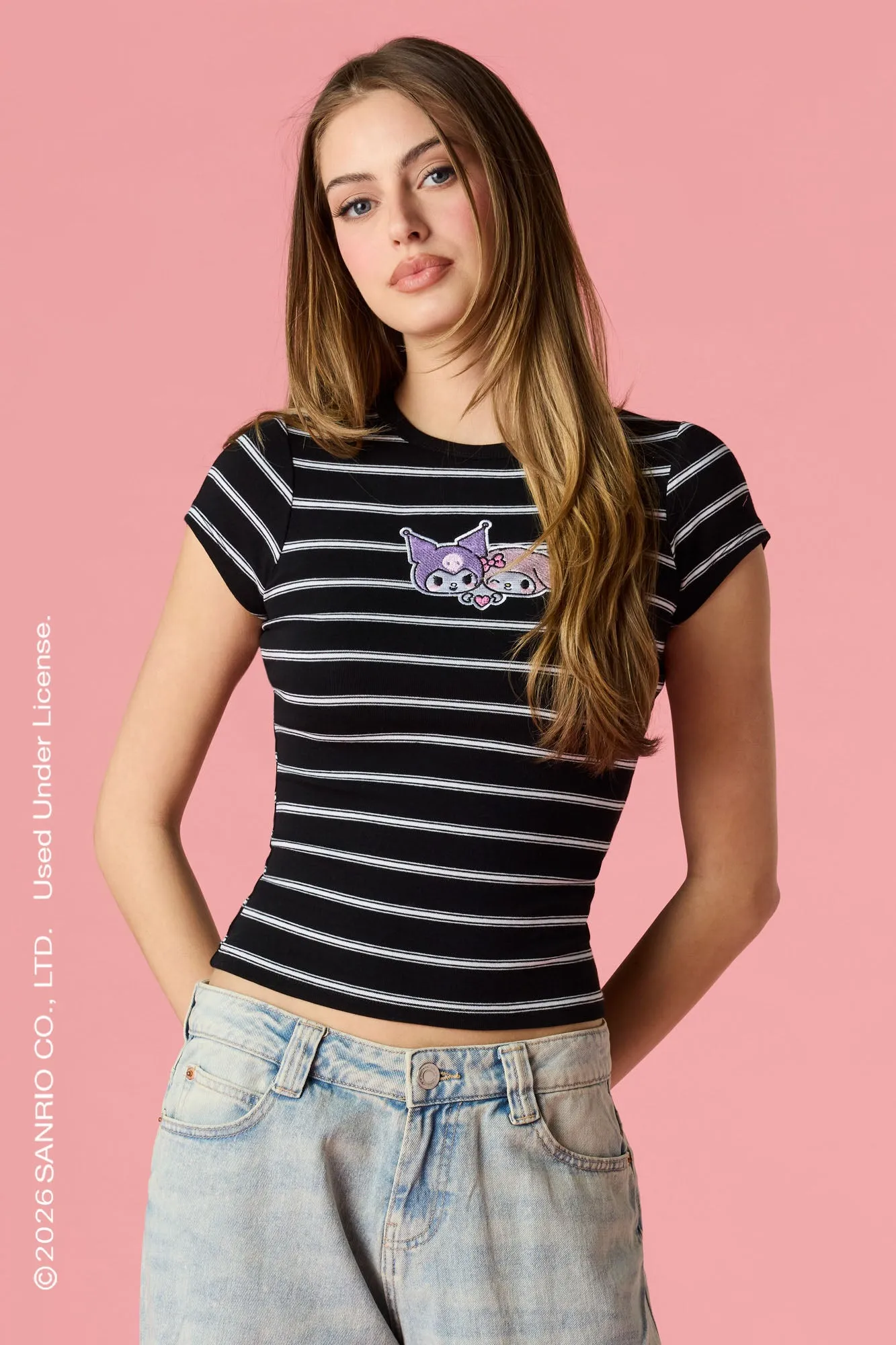 Kuromi™ & My Melody™ Embroidered Ribbed Classic T-Shirt sold by Urban Planet