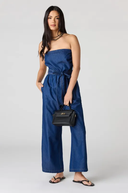 Denim Belted Strapless Jumpsuit made by Stitches