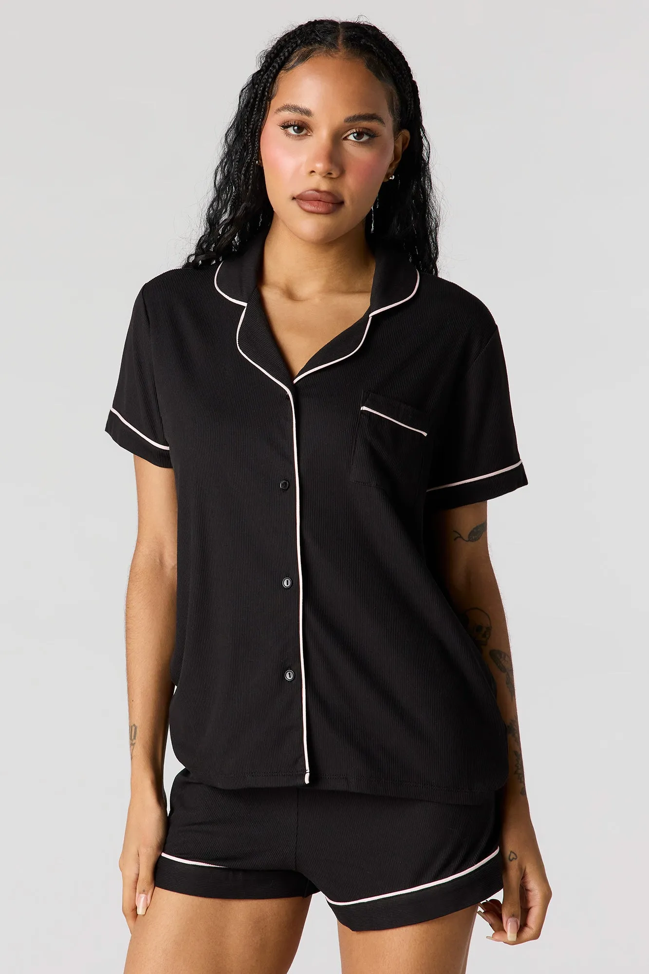 Button-Up Collared Top & Short Pajama Set sold by Urban Planet product image thumbnail 5