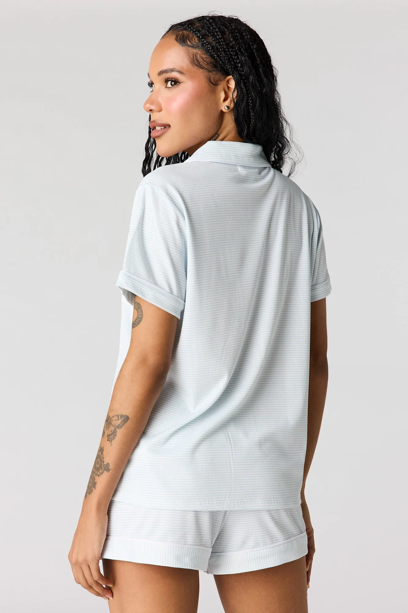 Button-Up Collared Top & Short Pajama Set sold by Urban Planet product image thumbnail 2