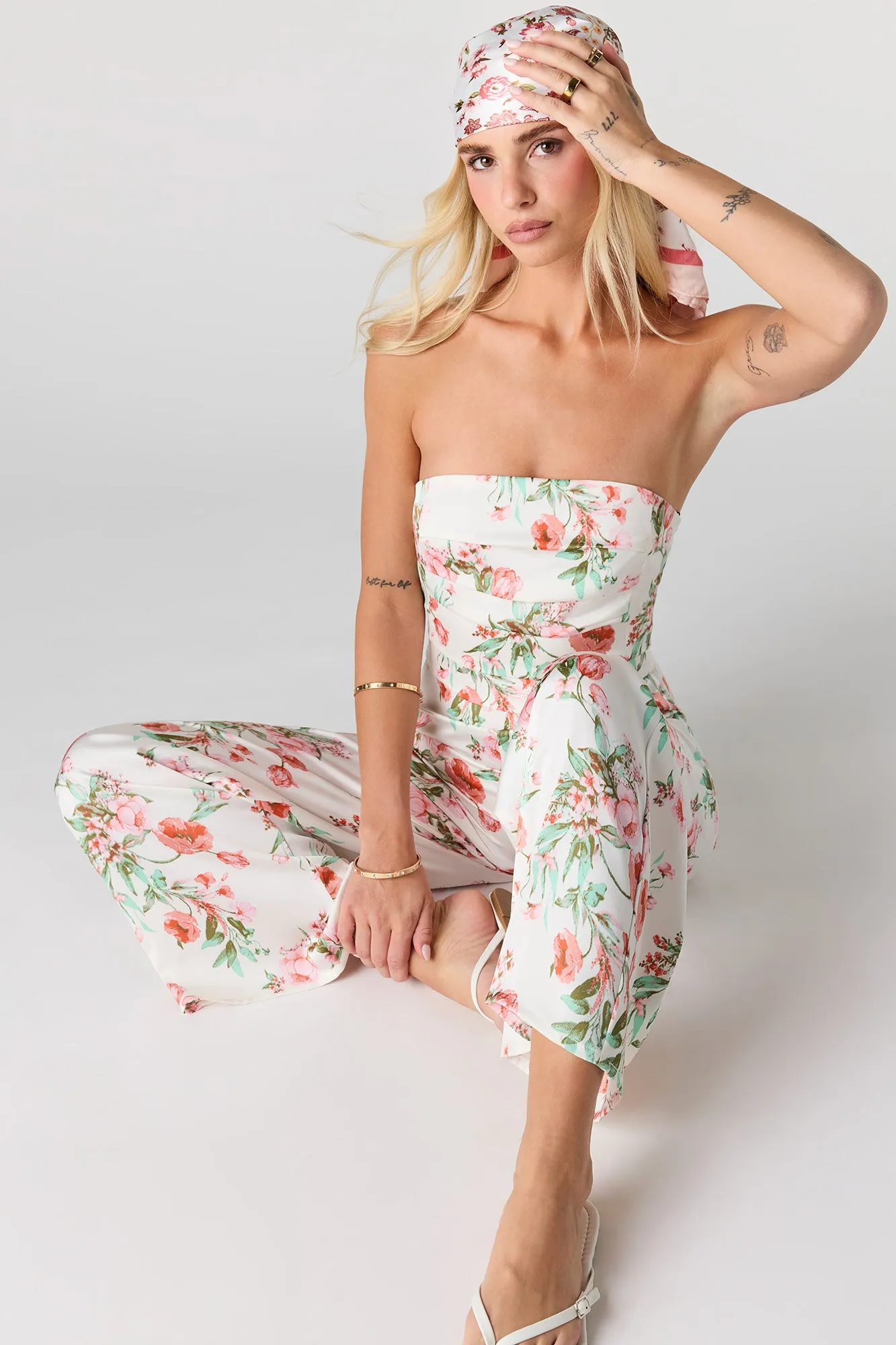 Floral Strapless Wide Leg Jumpsuit sold by Urban Planet
