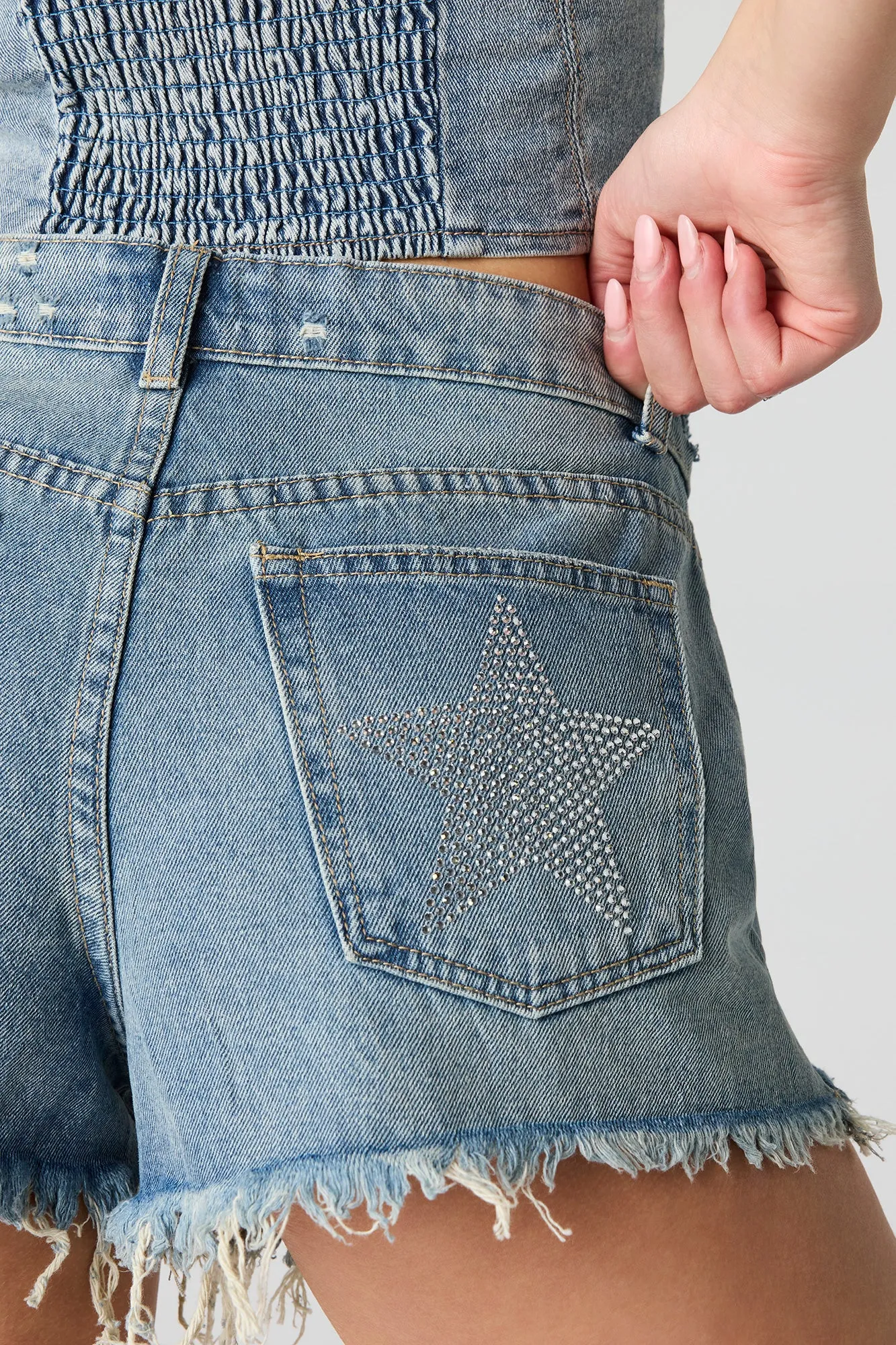 Ripped High Rise Rhinestone Vintage Medium Denim Short sold by Urban Planet product image thumbnail 5