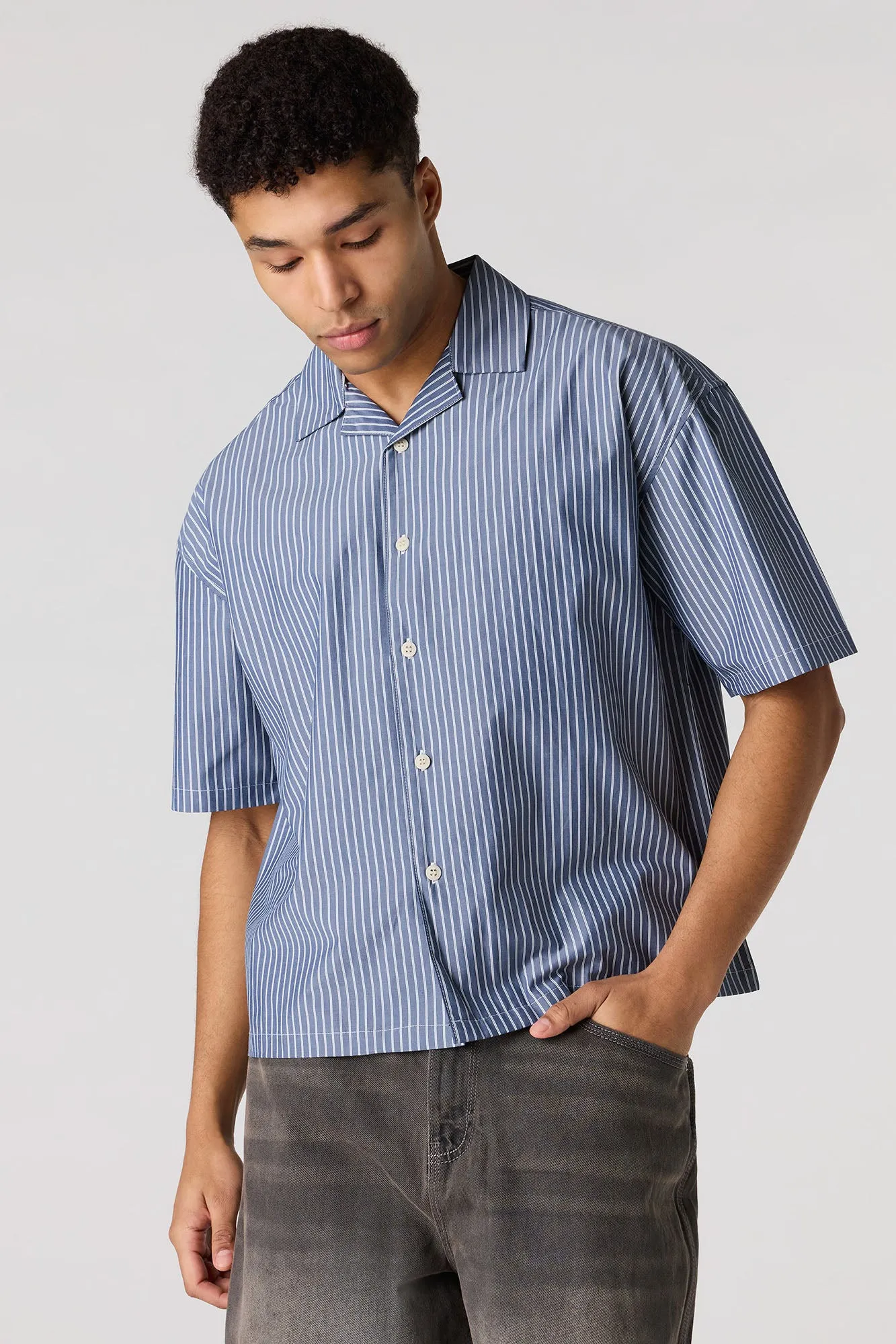 Poplin Striped Button-Up Collared Boxy Top sold by Urban Planet