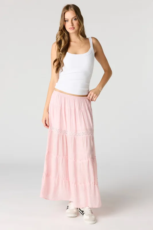 Crochet Detail Tiered Slit Maxi Skirt made by Stitches
