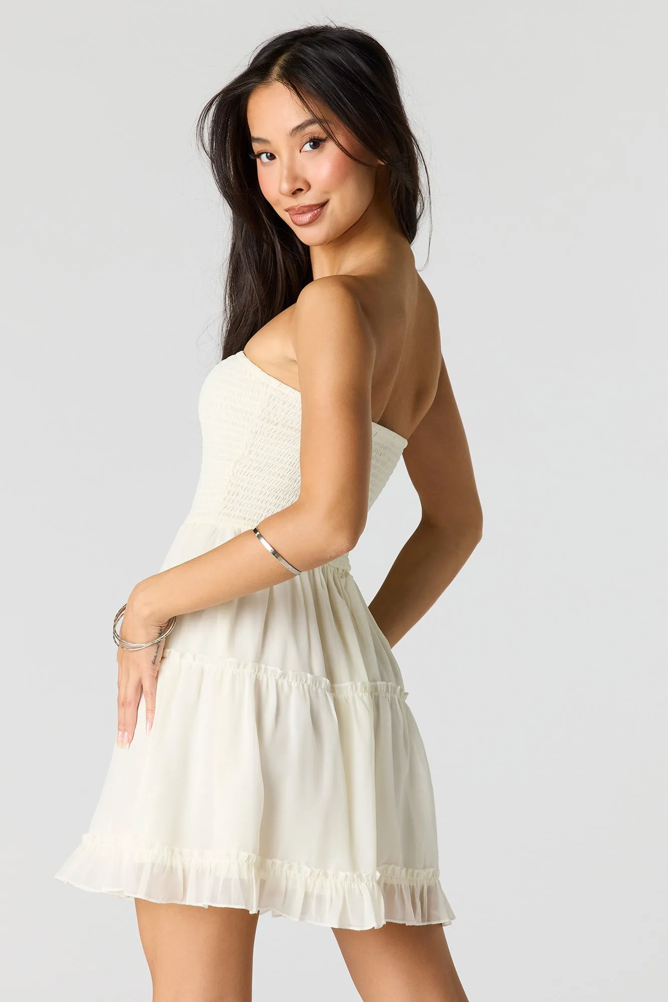 Smocked Chiffon Tiered Tube Mini Dress sold by Urban Planet product image thumbnail 5