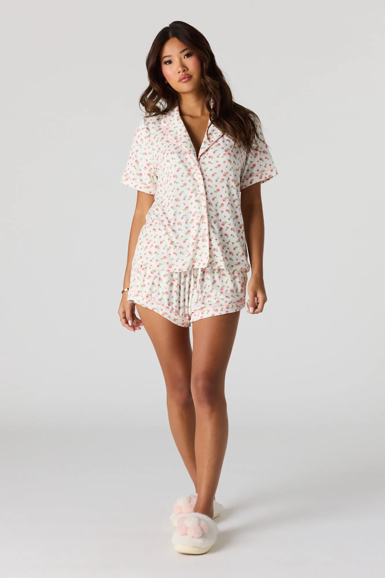 Printed Button-Up Collared Top & Short Pajama Set sold by Urban Planet product image thumbnail 3