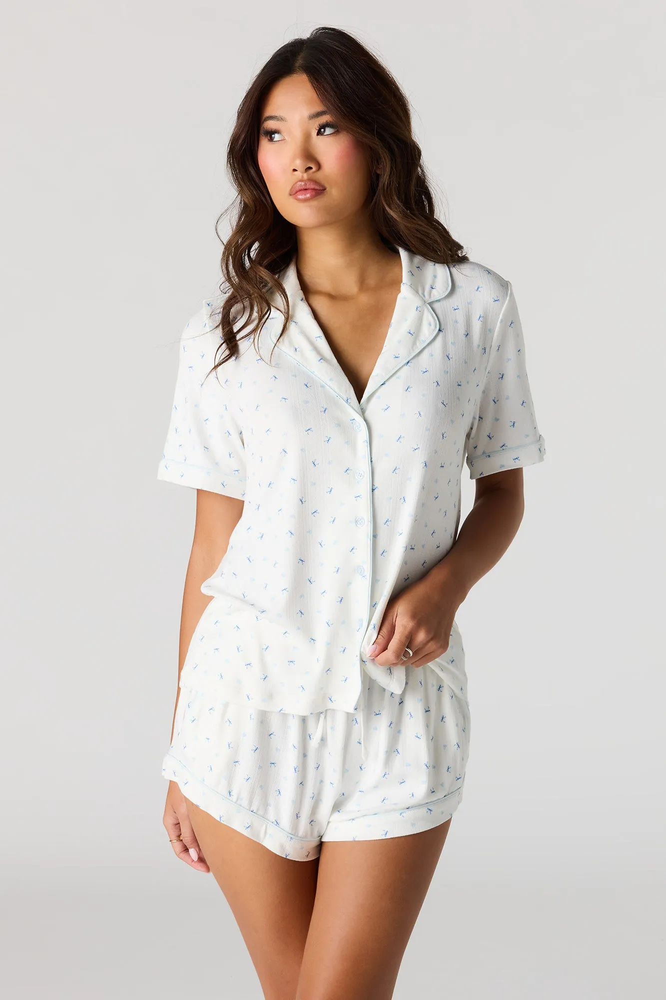 Printed Button-Up Collared Top & Short Pajama Set sold by Urban Planet product image thumbnail 4