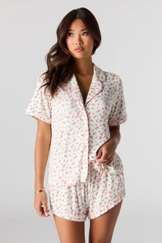 Printed Button-Up Collared Top & Short Pajama Set made by Urban Planet