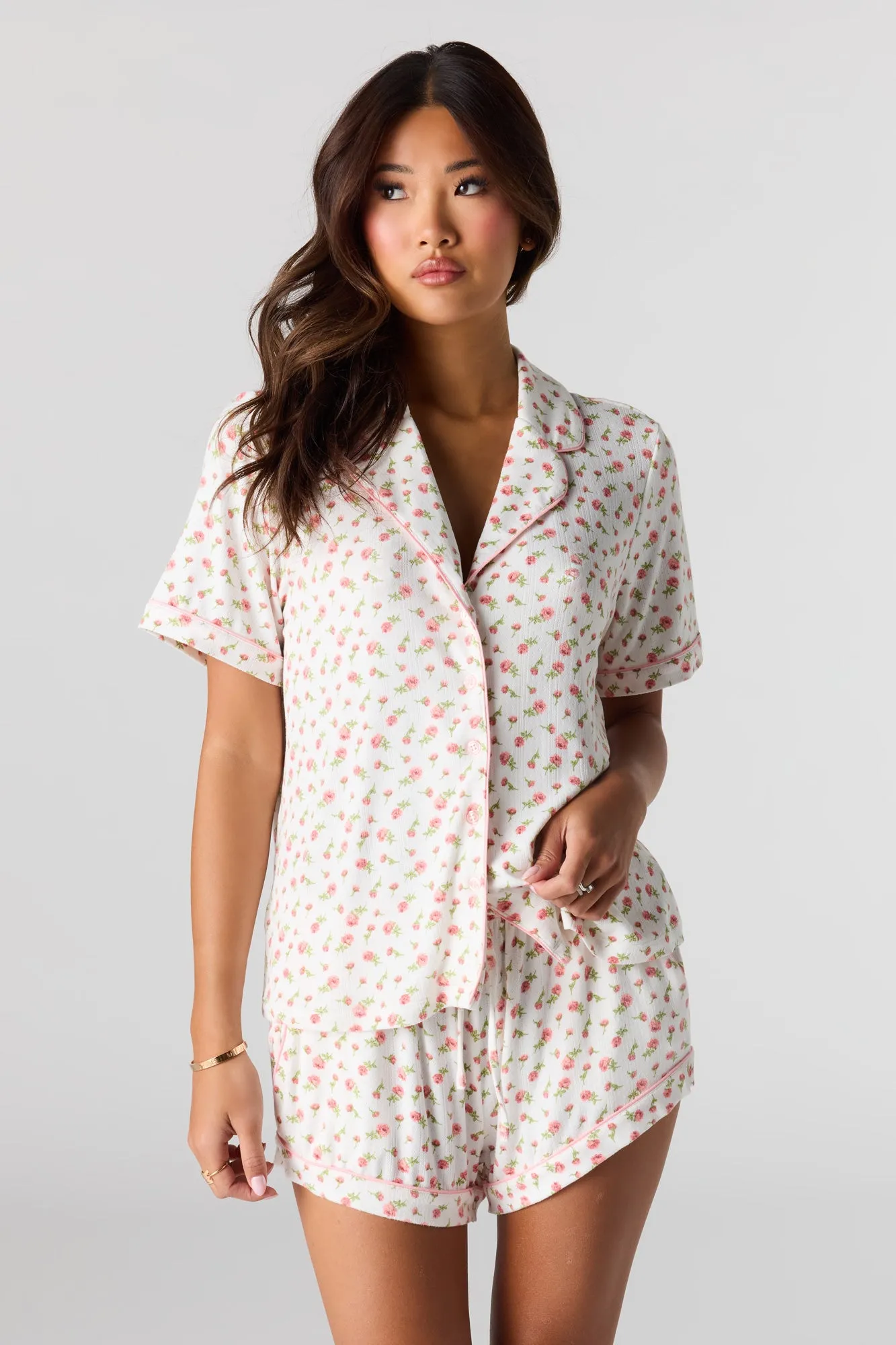 Printed Button-Up Collared Top & Short Pajama Set sold by Urban Planet