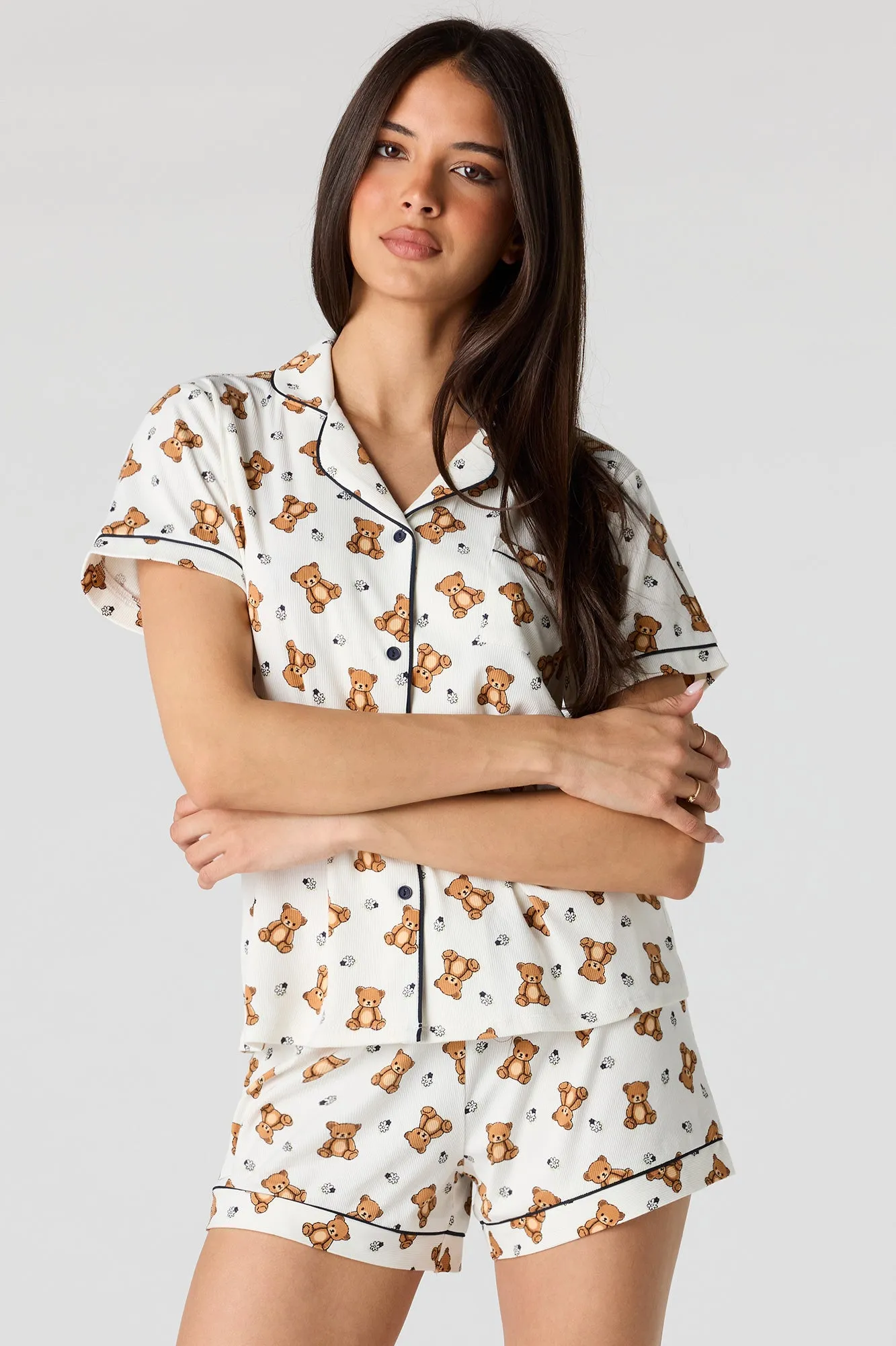Printed Button-Up Top & Short Pajama Set sold by Urban Planet product image thumbnail 5