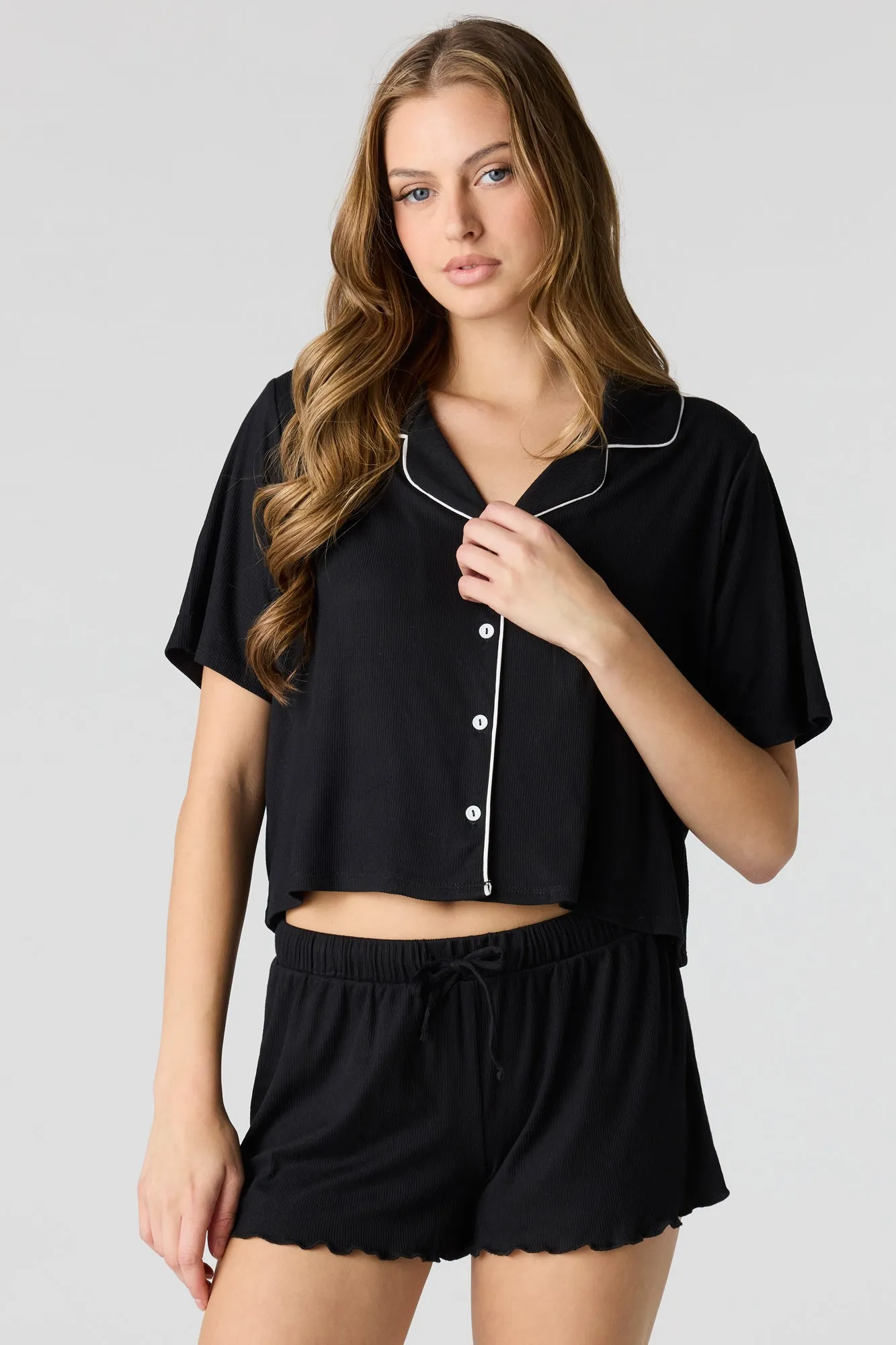 Soft Ribbed Button-Up Top & Short Pajama Set sold by Urban Planet product image thumbnail 4