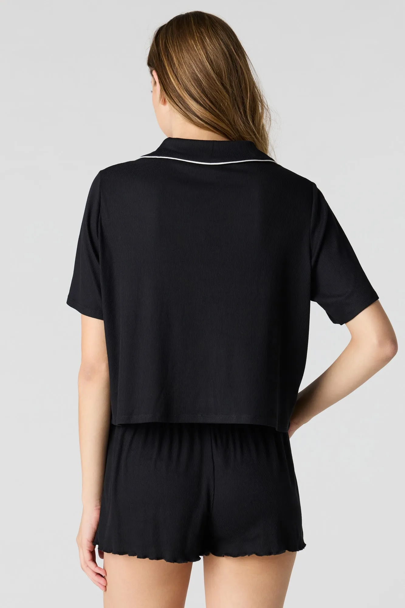 Soft Ribbed Button-Up Top & Short Pajama Set sold by Urban Planet product image thumbnail 5