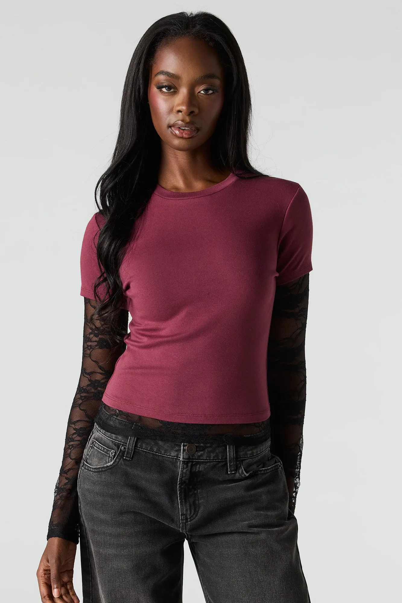 Twofer Lace Long Sleeve Top sold by Urban Planet