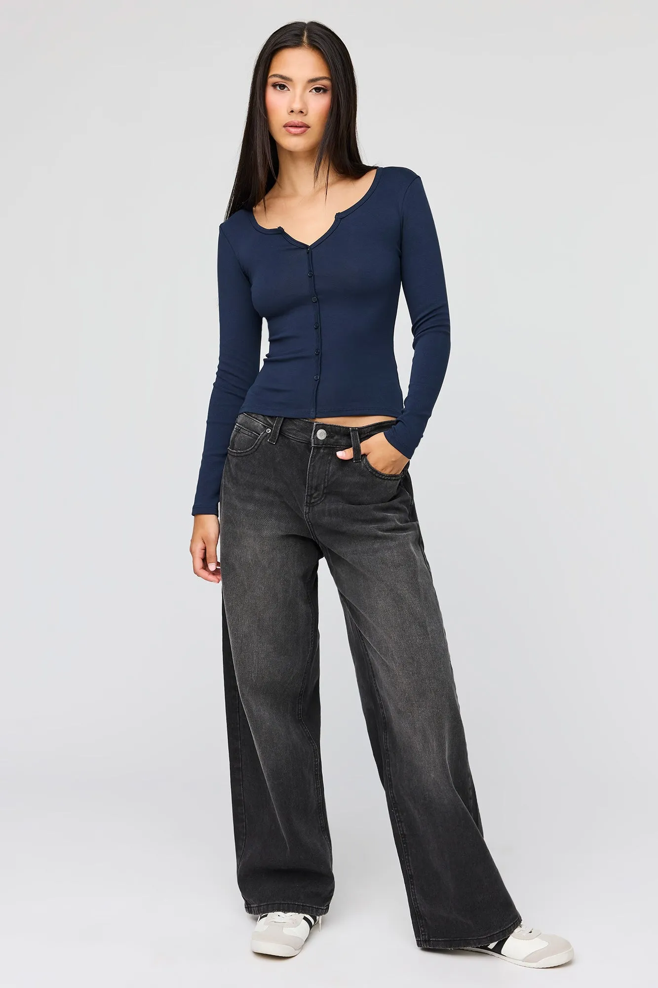 V-Notch Button-Up Long Sleeve Top sold by Urban Planet product image thumbnail 3
