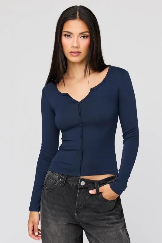 V-Notch Button-Up Long Sleeve Top made by Stitches