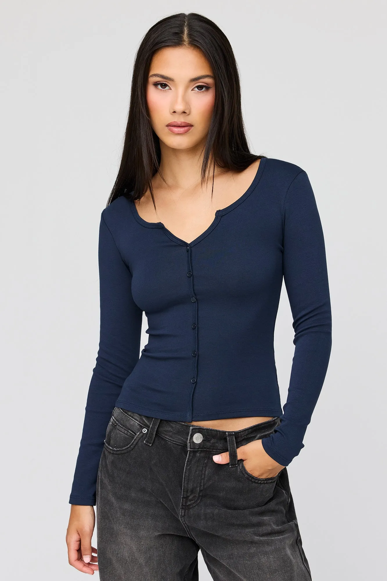 V-Notch Button-Up Long Sleeve Top sold by Urban Planet
