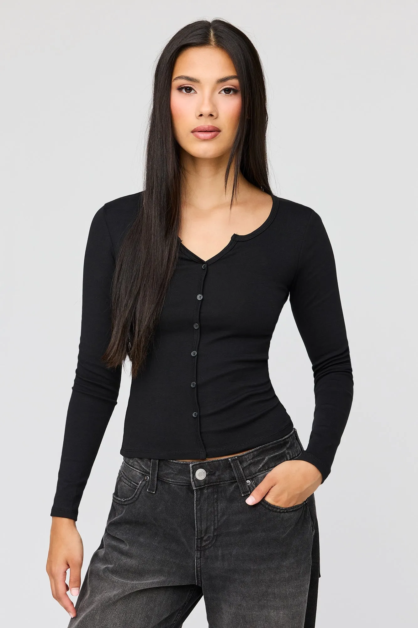 V-Notch Button-Up Long Sleeve Top sold by Urban Planet product image thumbnail 4