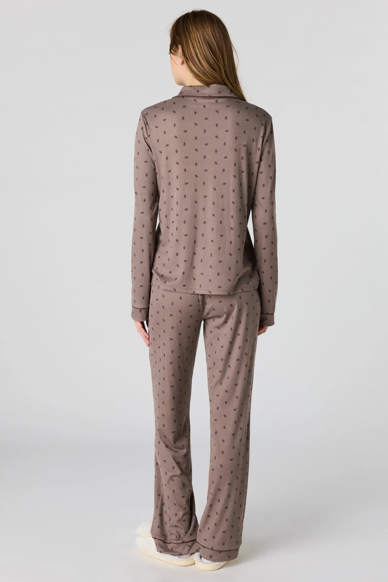 Soft Ribbed Button-Up Top & Pant Pajama Set sold by Urban Planet product image thumbnail 4