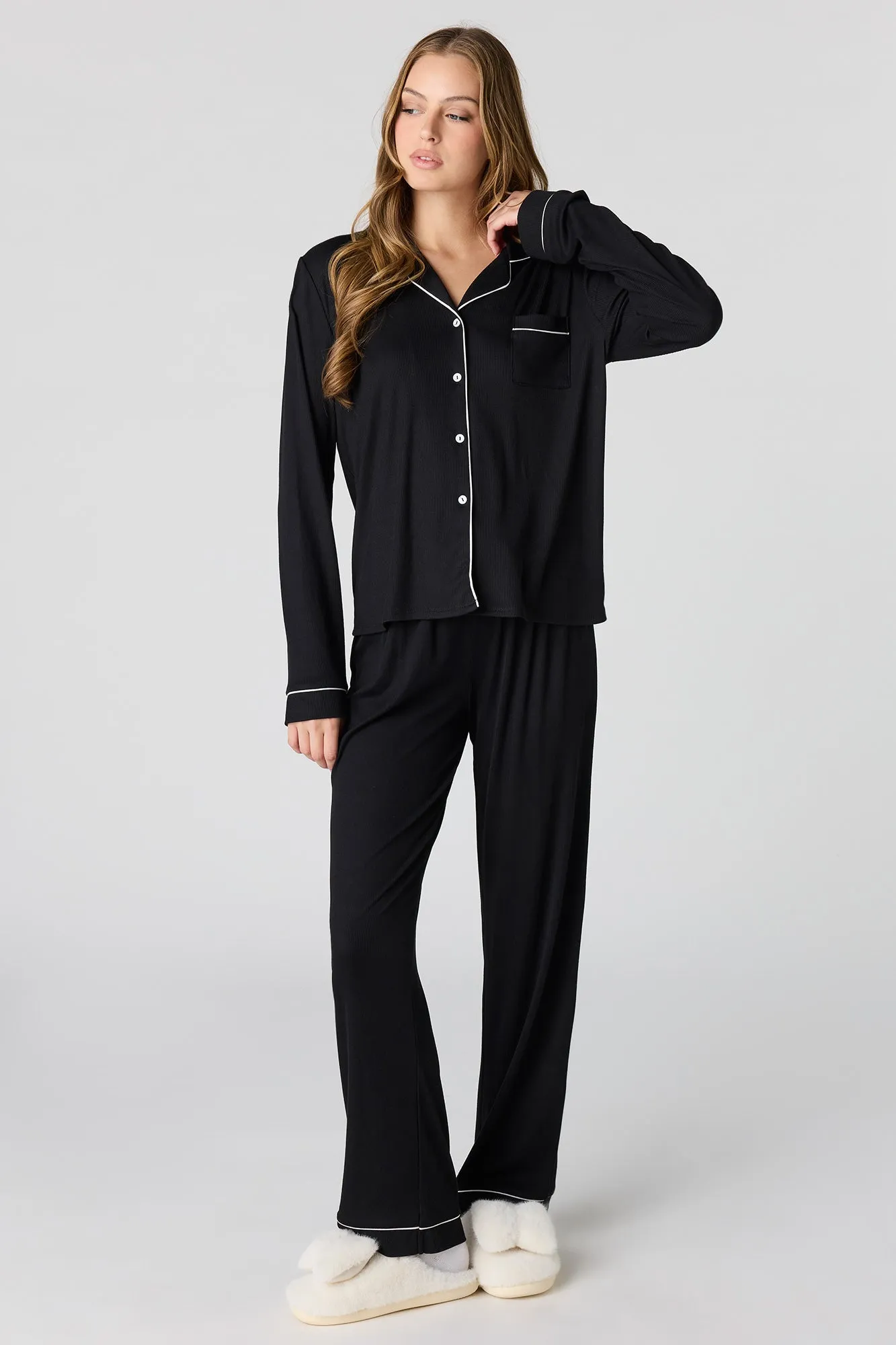 Soft Ribbed Button-Up Top & Pant Pajama Set sold by Urban Planet product image thumbnail 5
