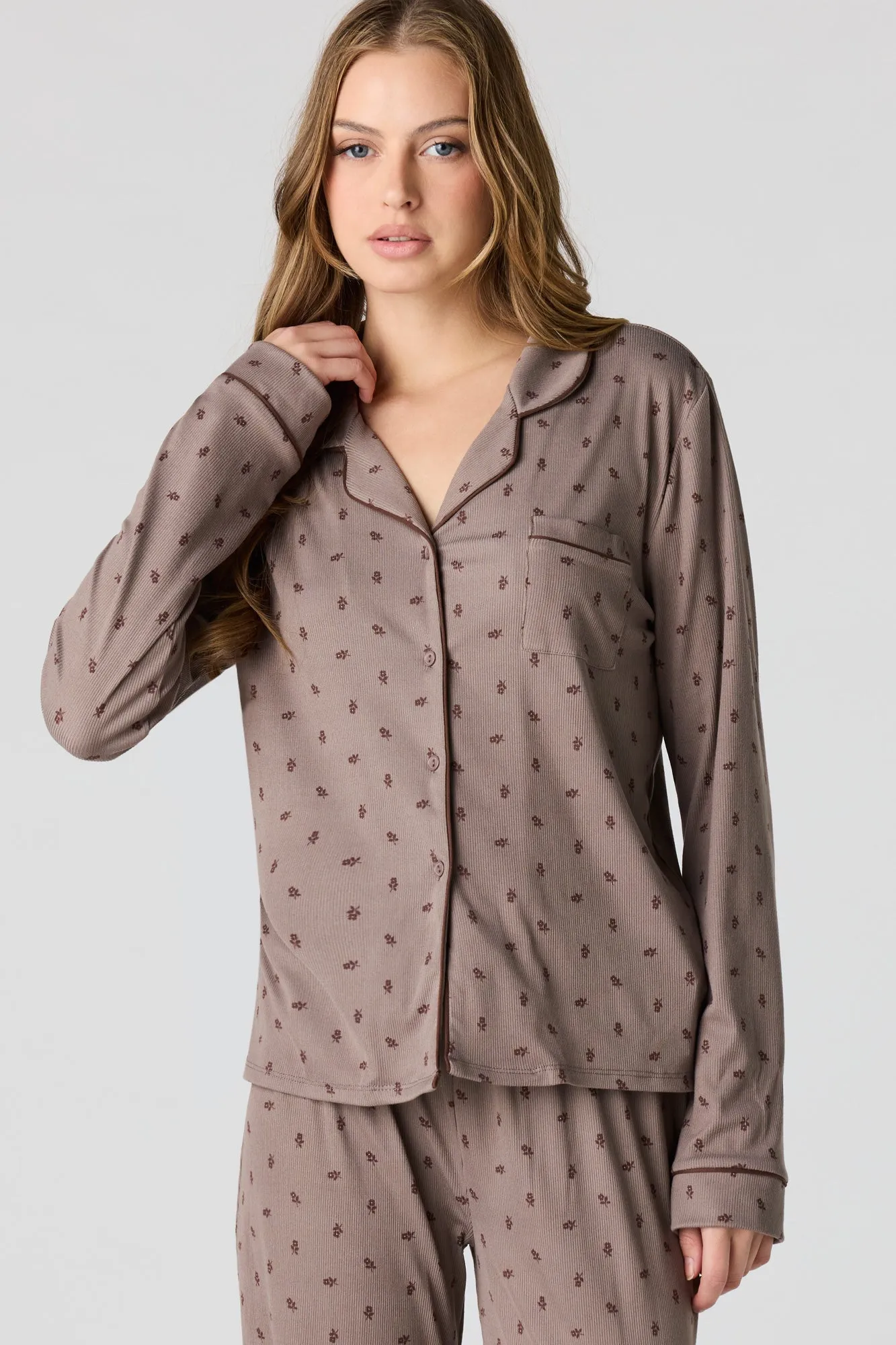 Soft Ribbed Button-Up Top & Pant Pajama Set sold by Urban Planet product image thumbnail 2