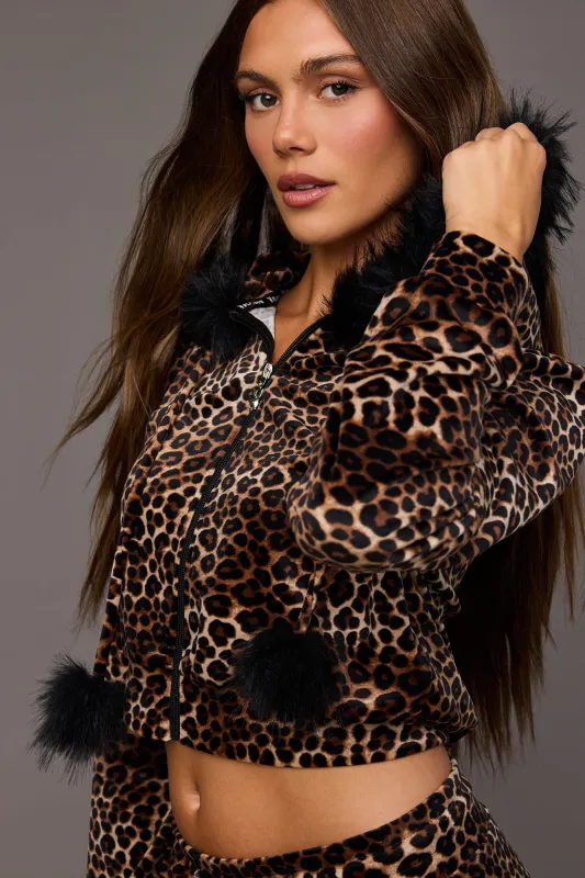 Playboy Velour Rhinestone Faux Fur Trim Zip Hoodie made by Stitches