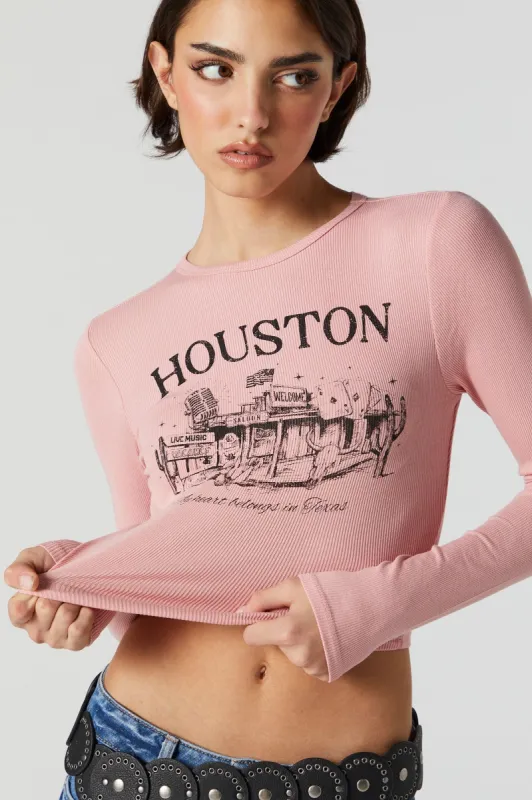 Haut côtelé à manches longues avec imprimé Houston sold by Urban Planet