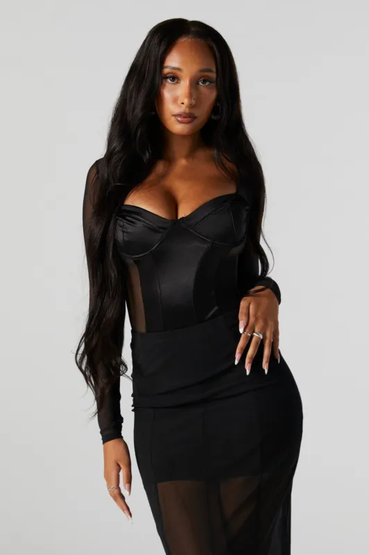 Satin Mesh Long Sleeve Bustier Bodysuit sold by Urban Planet