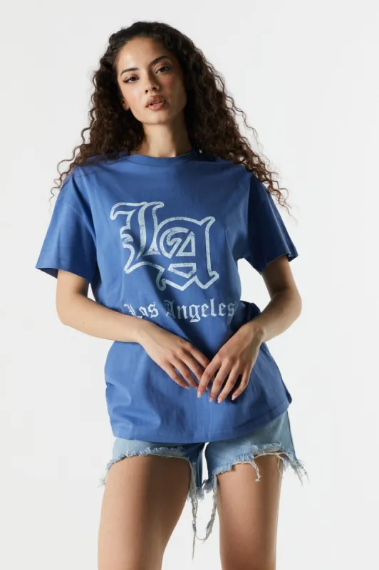 T-shirt bleu surdimensionné de coupe garçonne à imprimé Los Angeles sold by Urban Planet