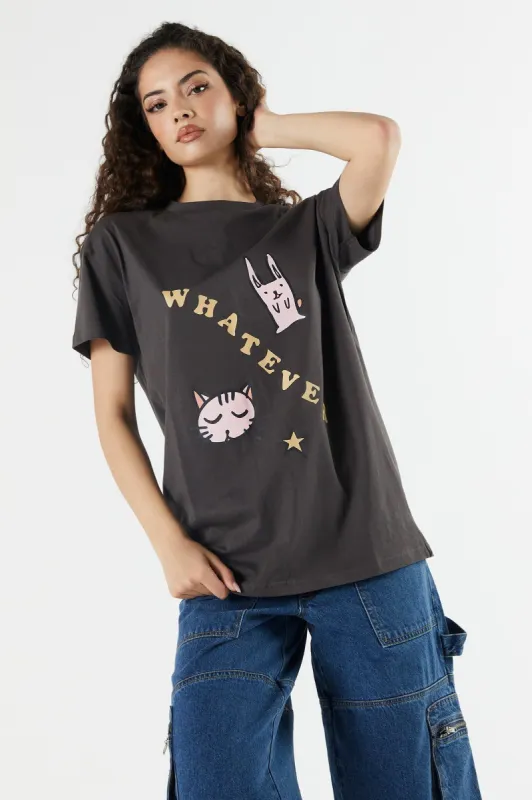 T-shirt gris surdimensionné de coupe garçonne à imprimé Whatever made by Urban Planet