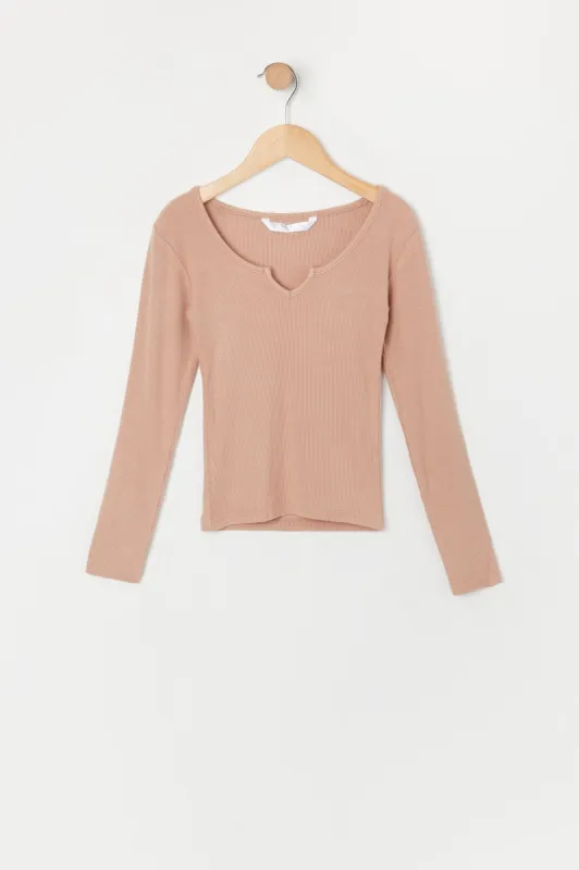 Girls Ribbed Notched Long Sleeve Top sold by Urban Planet