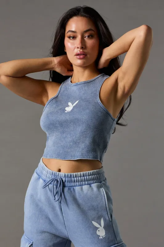 Blue Ribbed Playboy Graphic Washed Tank sold by Urban Planet