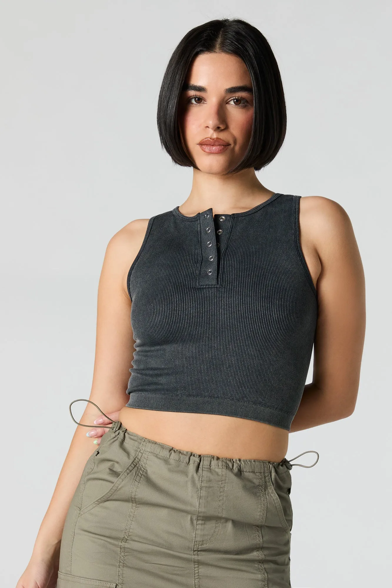 Seamless Ribbed Washed Henley Tank sold by Urban Planet product image thumbnail 4