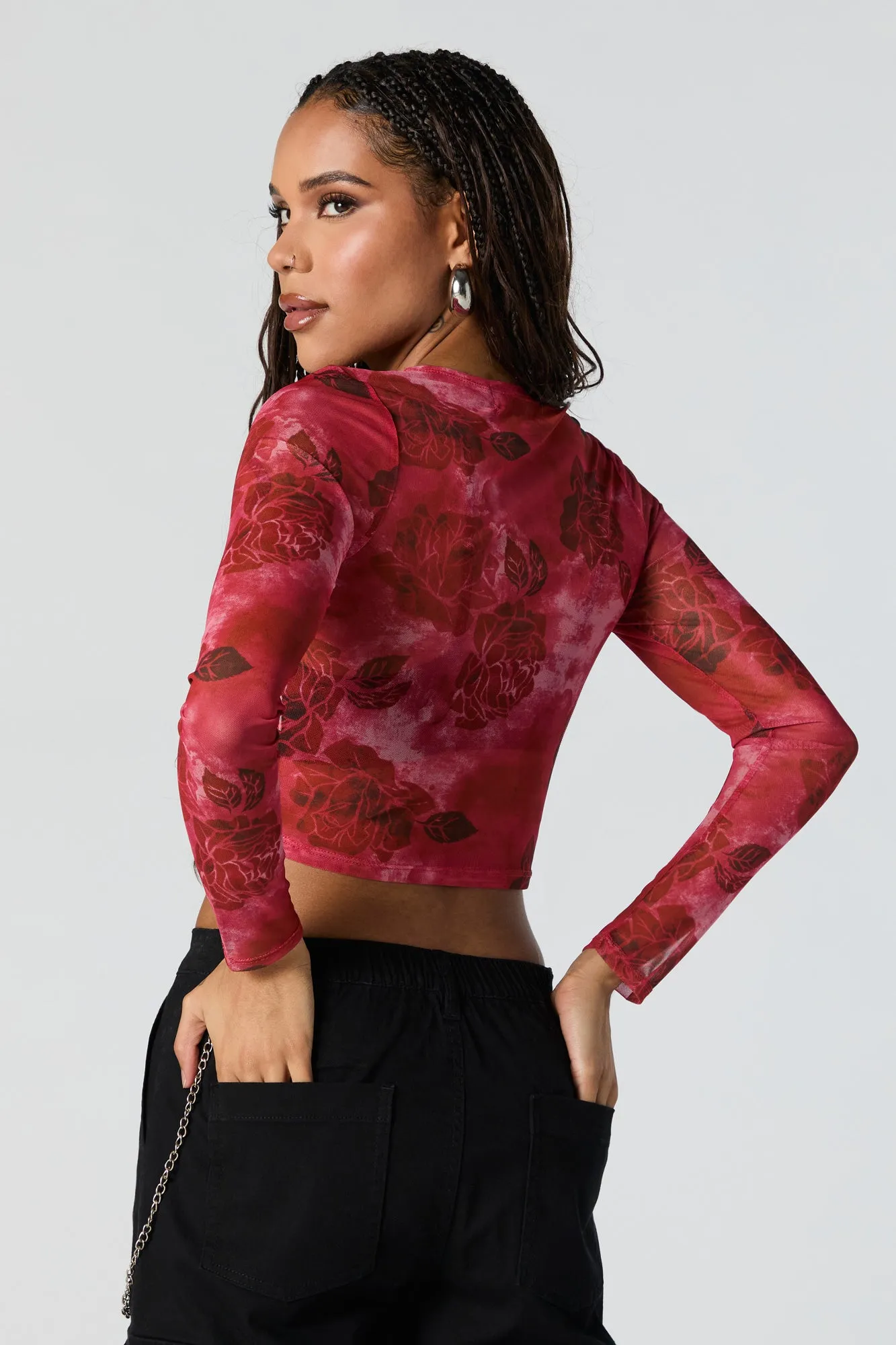Floral Print Mesh Long Sleeve Crop Top sold by Urban Planet product image thumbnail 2
