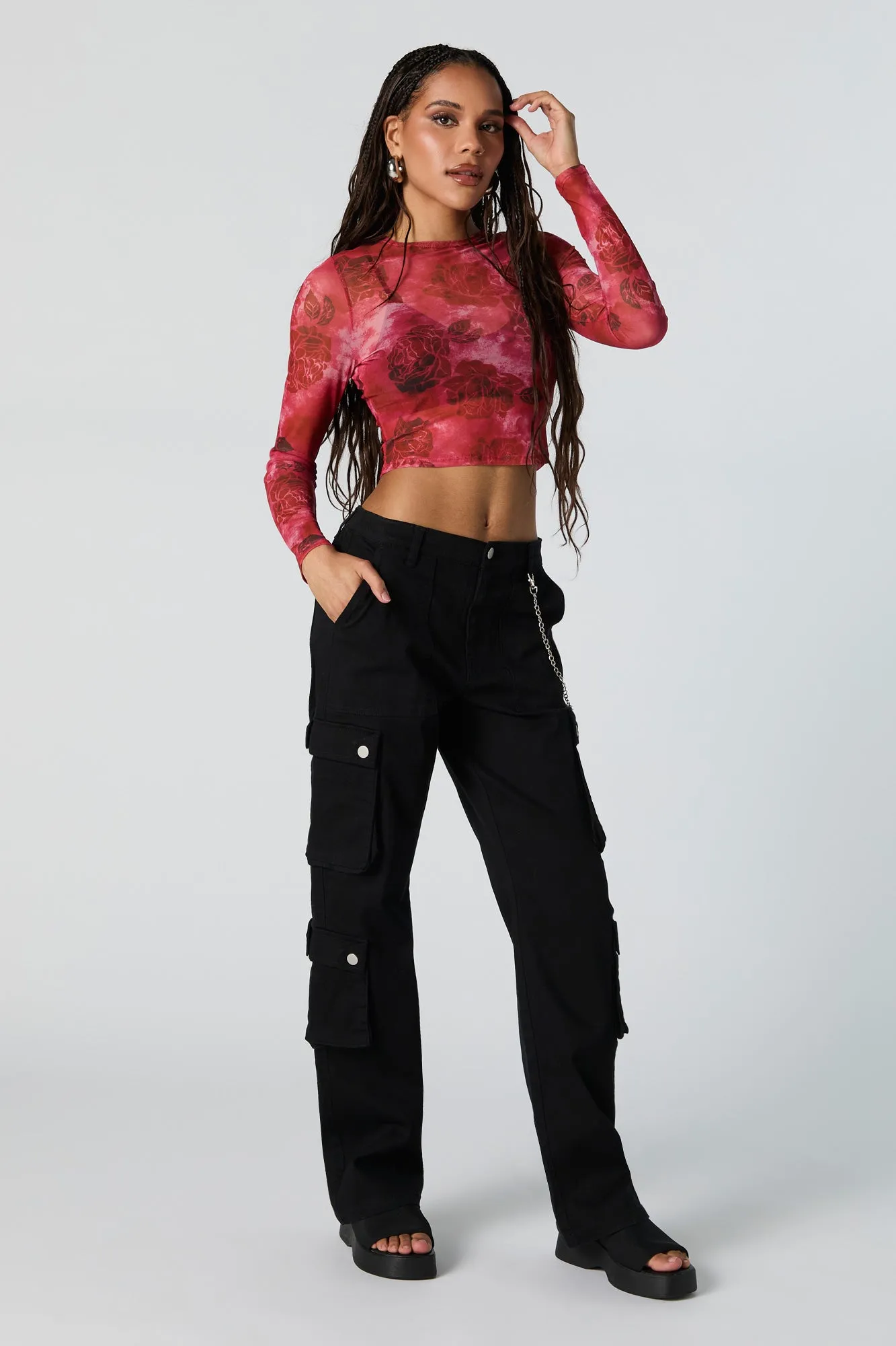 Floral Print Mesh Long Sleeve Crop Top sold by Urban Planet product image thumbnail 3