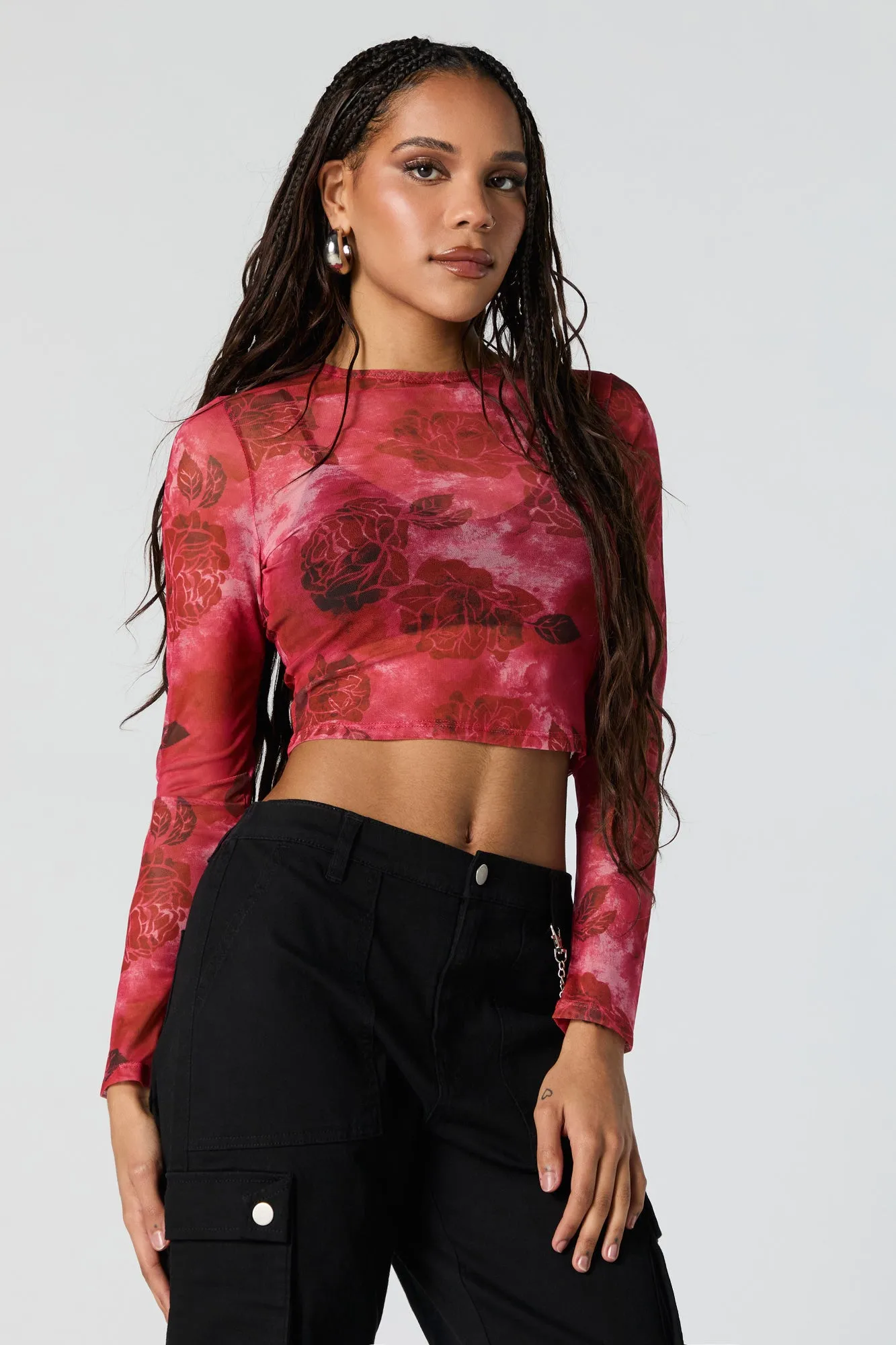 Floral Print Mesh Long Sleeve Crop Top sold by Urban Planet