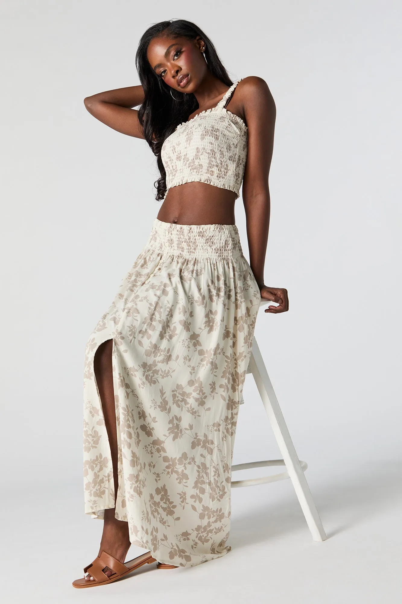 White Floral Buttoned Maxi Skirt sold by Urban Planet