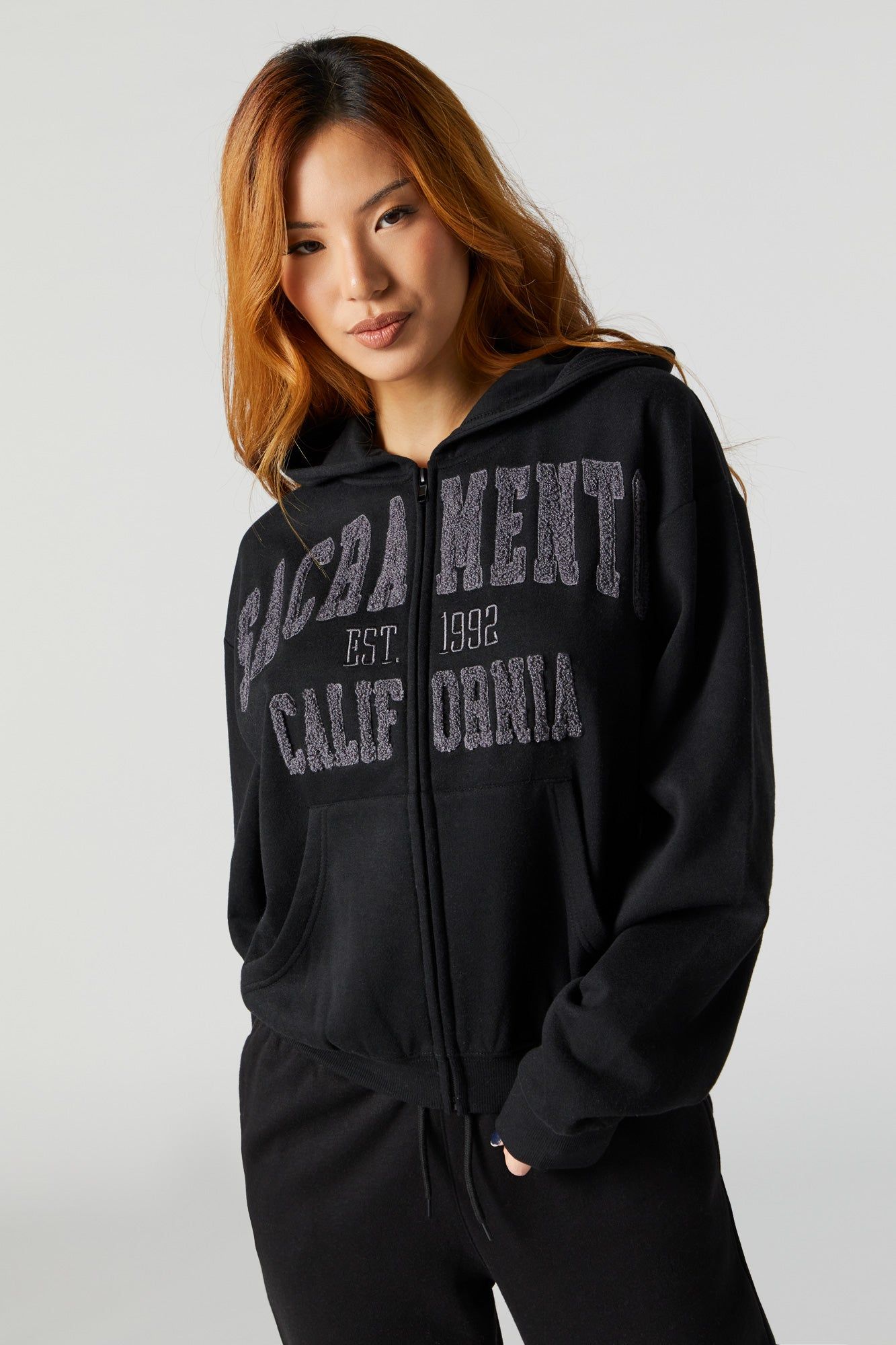 Chenille Embroidered Sacramento Zip-Up Hoodie sold by Urban Planet