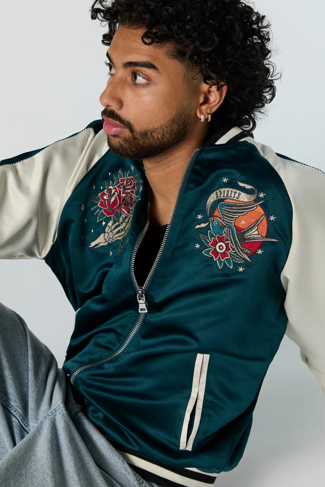 Satin Embroidered Bomber Jacket sold by Urban Planet