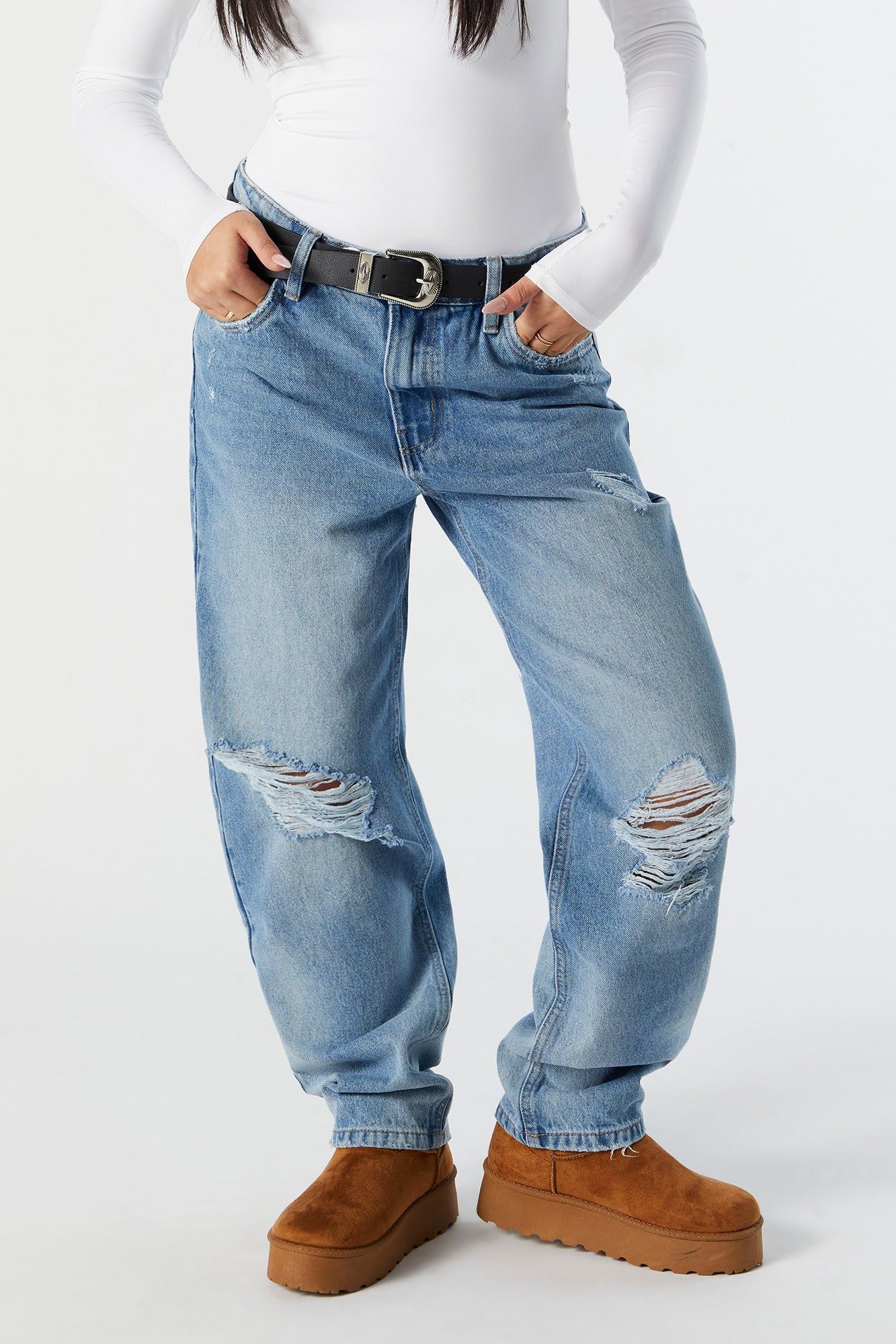 Jean droit d'aspect usé délavé moyen à taille haute sold by Urban Planet product image thumbnail 2