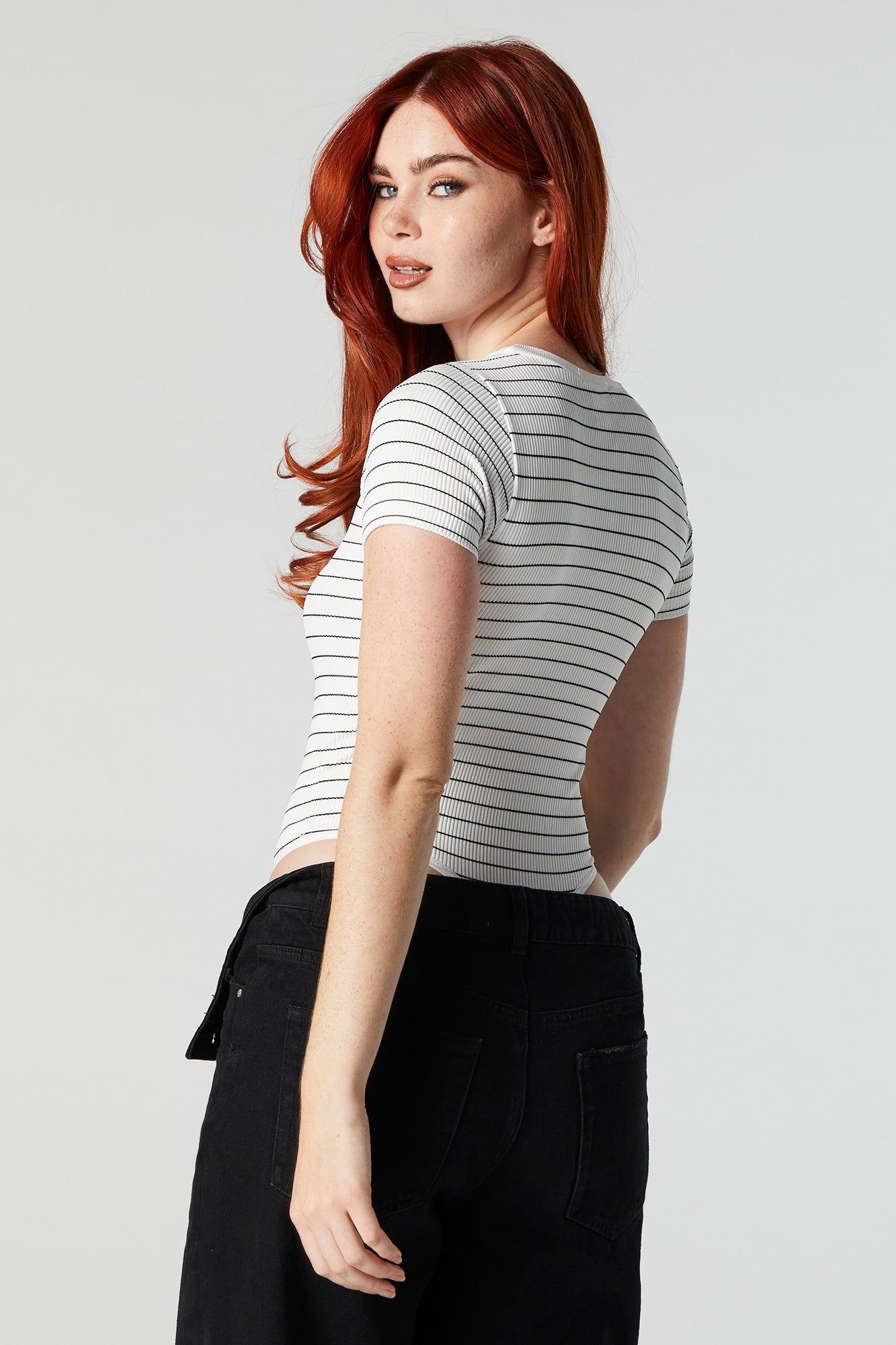 Striped Ribbed Short Sleeve Bodysuit sold by Urban Planet product image thumbnail 3