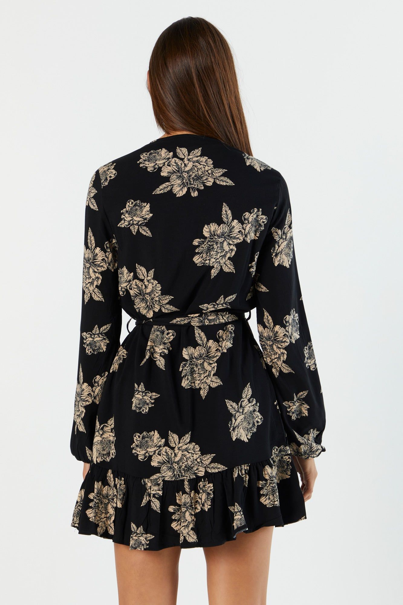 Black Floral Belted Long Sleeve Mini Dress sold by Urban Planet product image thumbnail 2