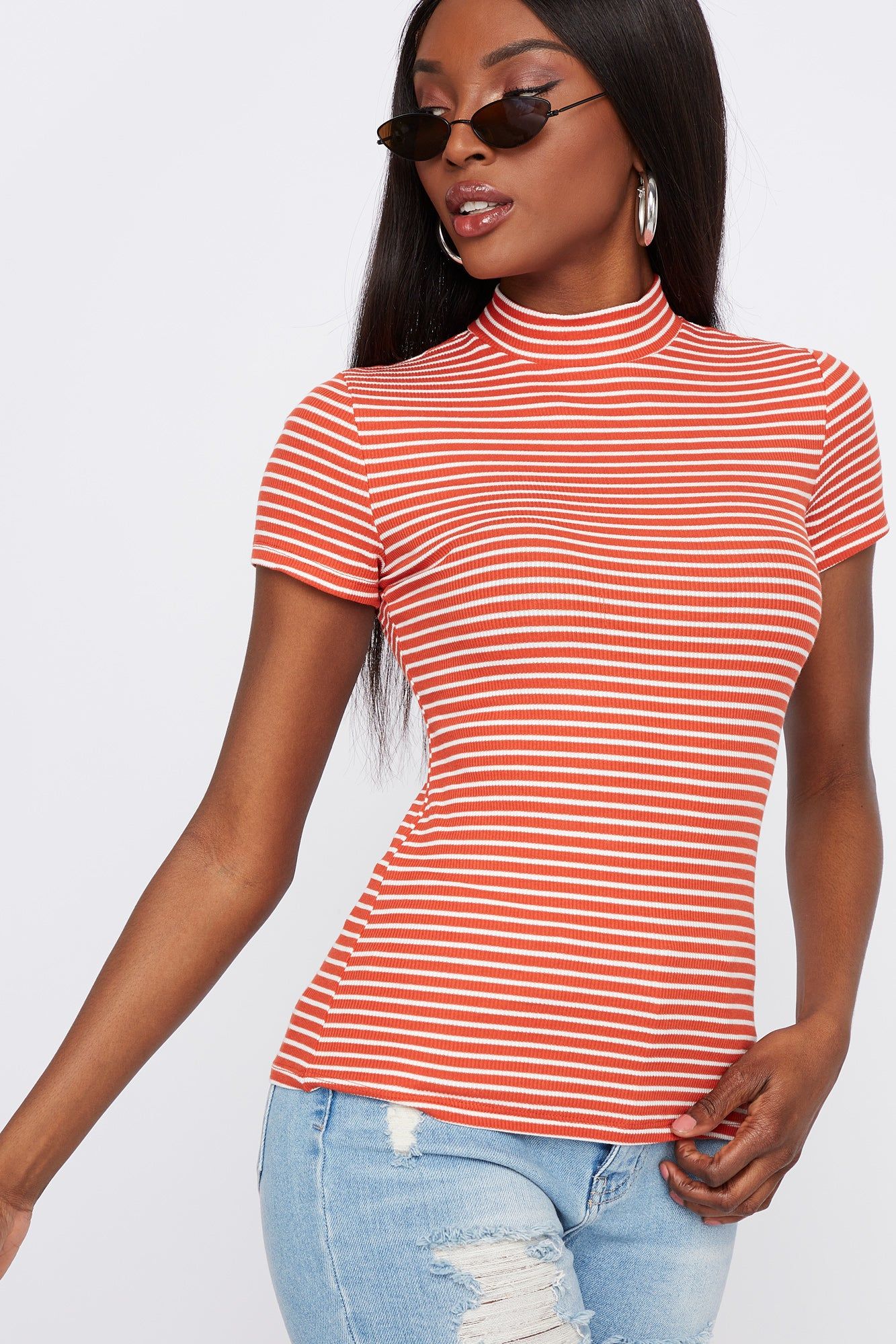 Ribbed Striped Mock Neck T-Shirt sold by Urban Planet