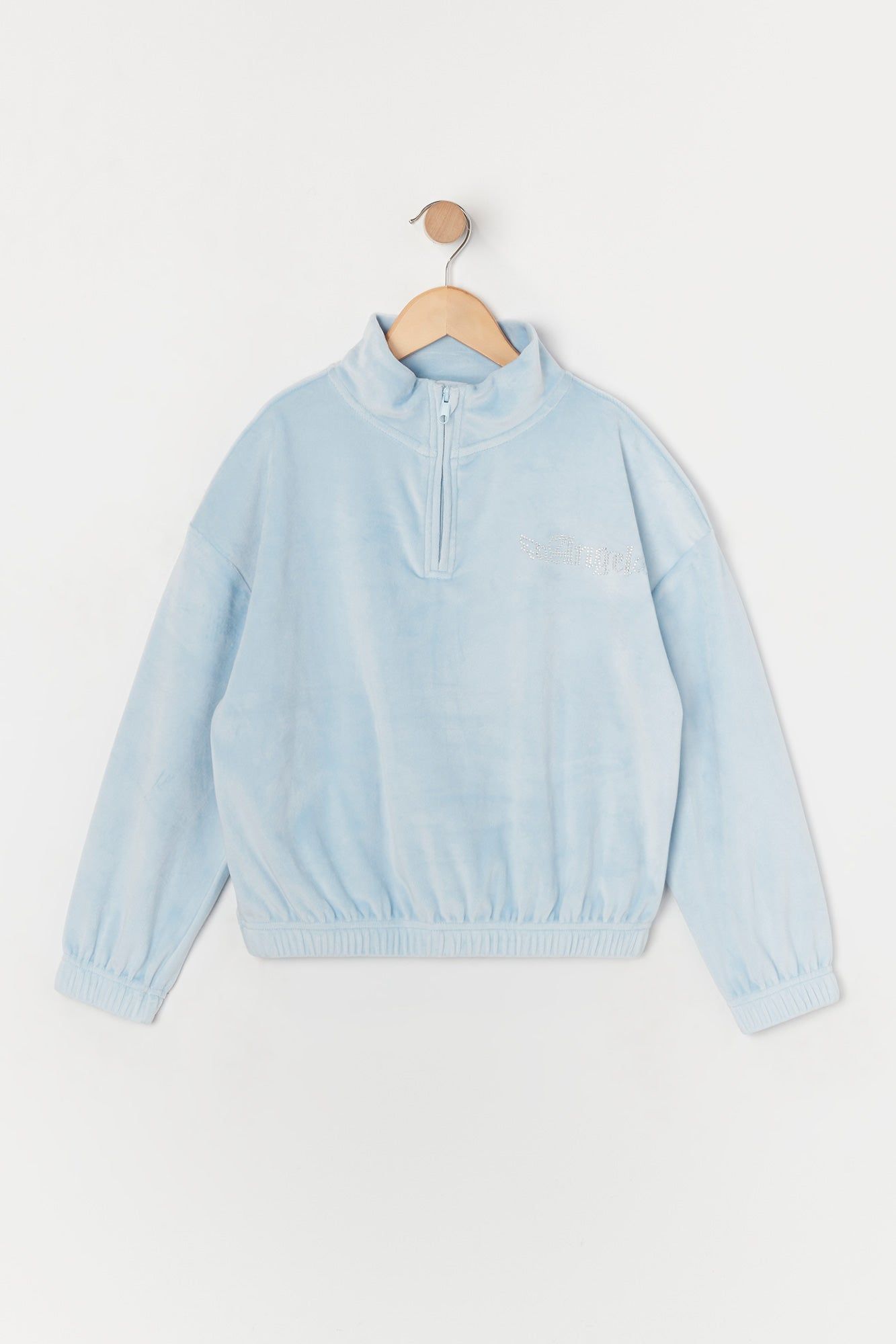 Girls Rhinestone Angel Velour Half Zip Sweatshirt sold by Urban Planet
