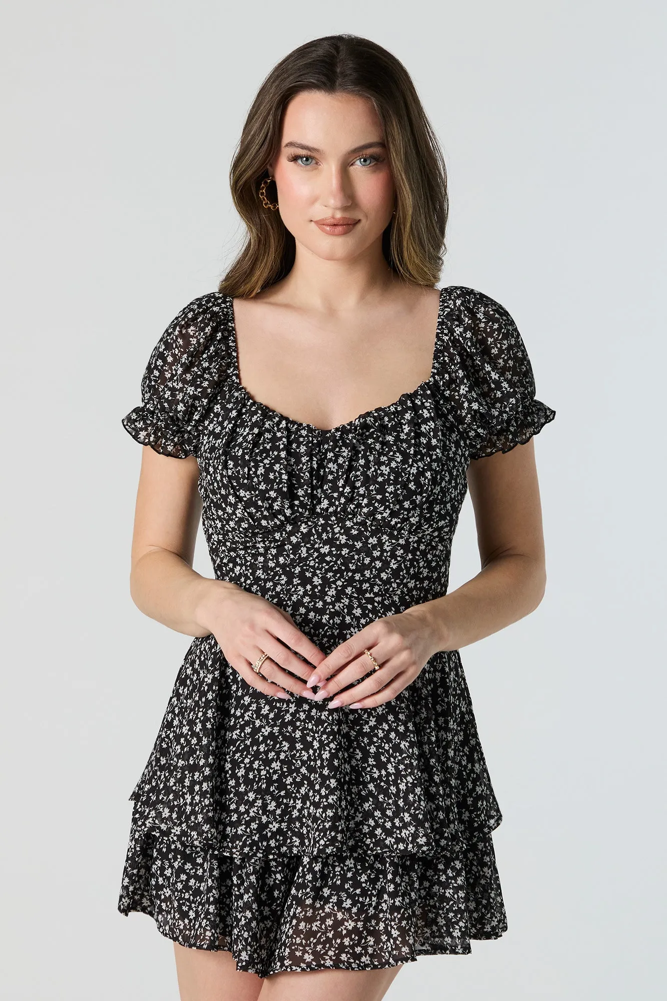 Black Floral Chiffon Tiered Romper sold by Urban Planet