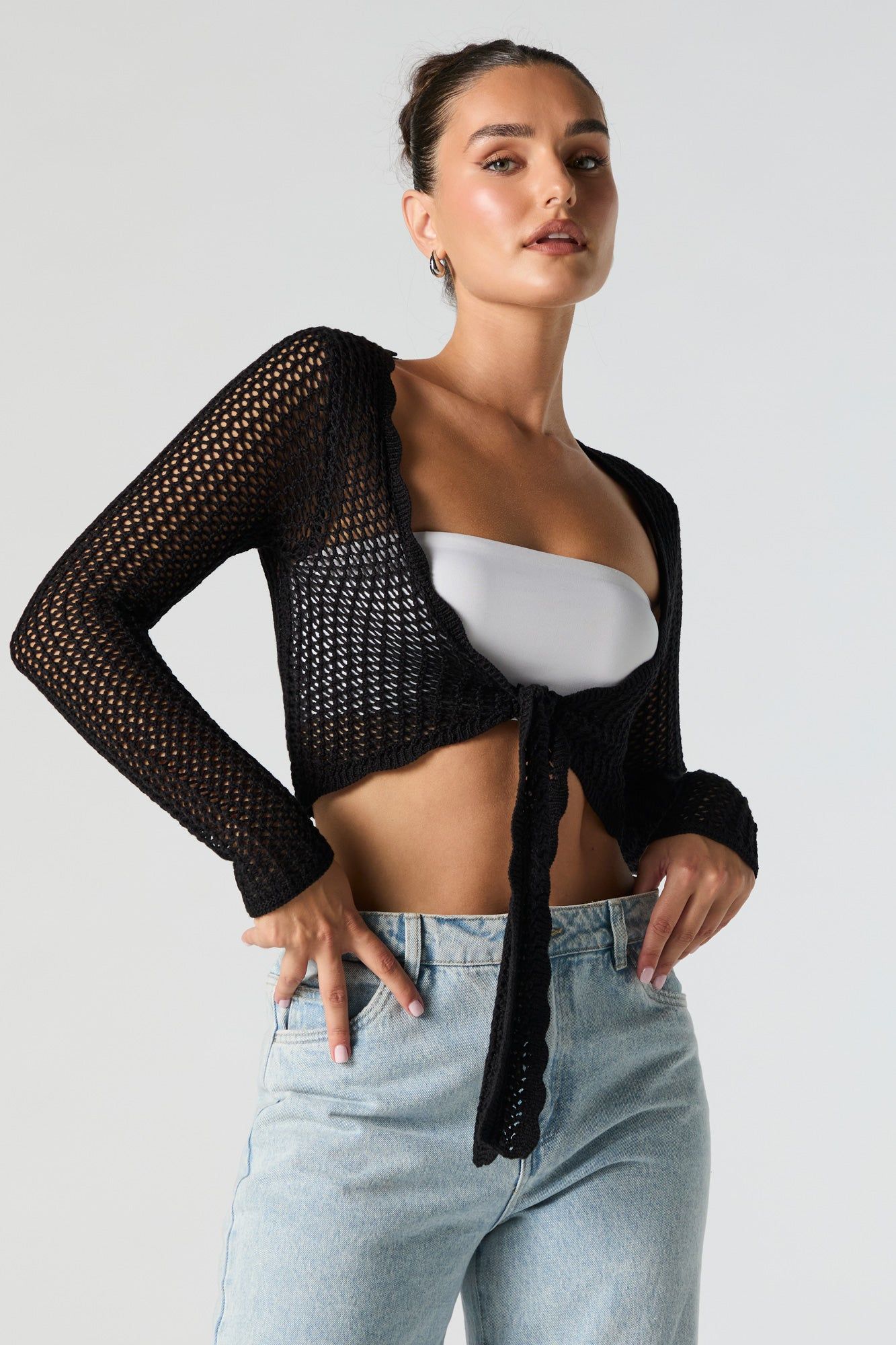 Crochet Front Tie Long Sleeve Crop Top sold by Urban Planet product image thumbnail 5