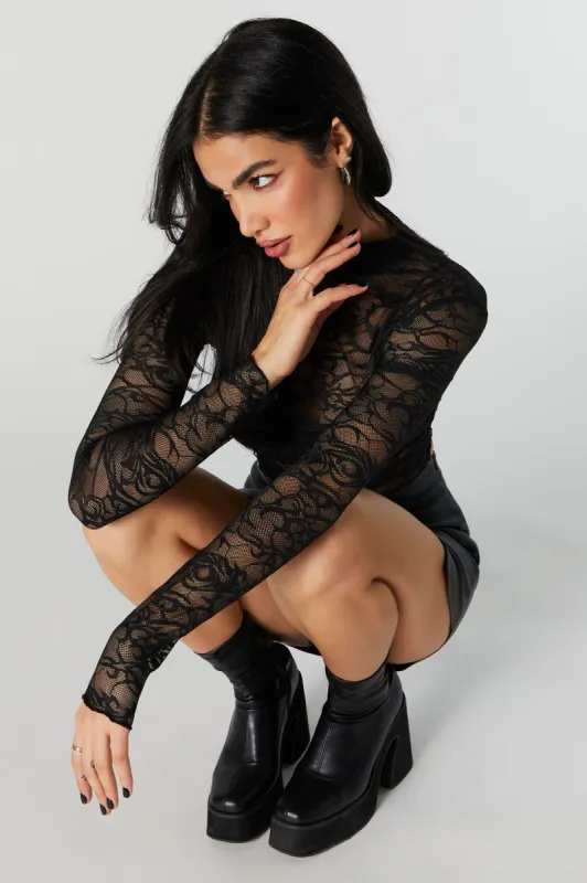 Abstract Lace Mock Neck Long Sleeve Top sold by Urban Planet